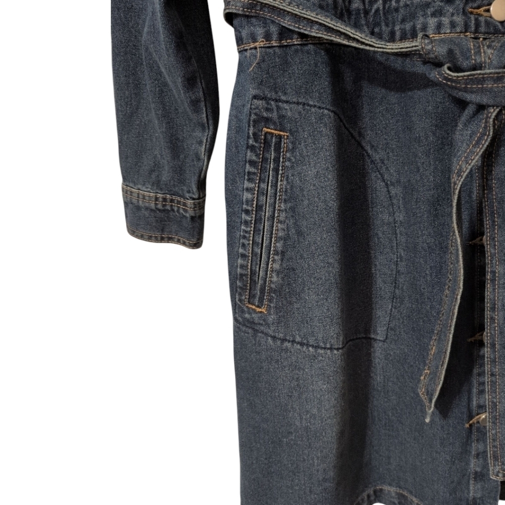 JUST FAB DARK WASH BELTED BUTTON UP DENIM JACKET DRESS - Picture 8 of 11